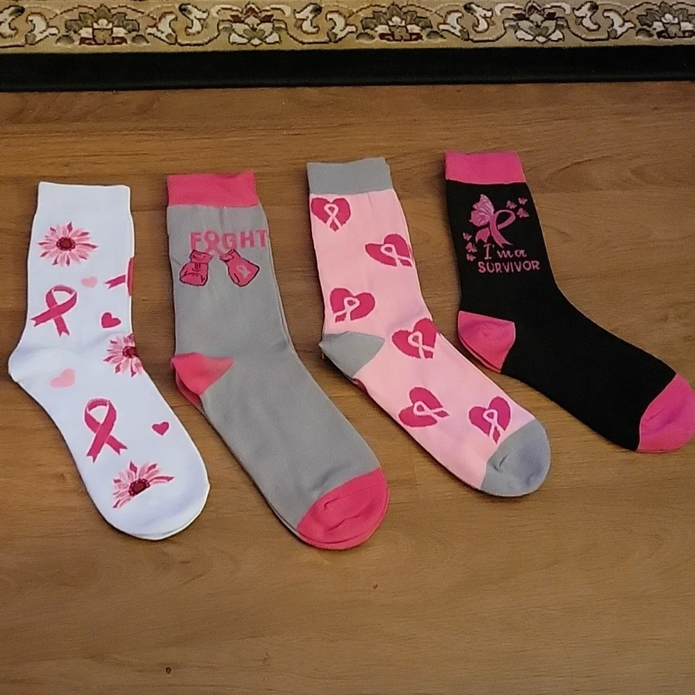 Toulite 4 pair Breast Cancer Awareness crew socks pink gray black white NEW…